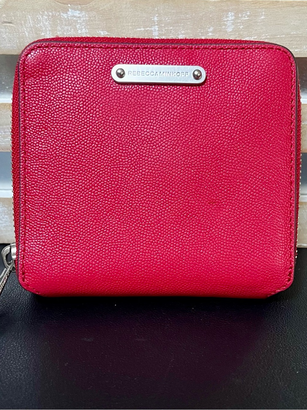REBECCA MINKOFF Scarlet Red Pebbled Leather Zip-Around Square Wallet